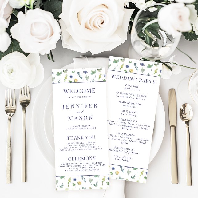 Watercolor Blue Yellow Flower Wedding Program Card (Creator Uploaded)