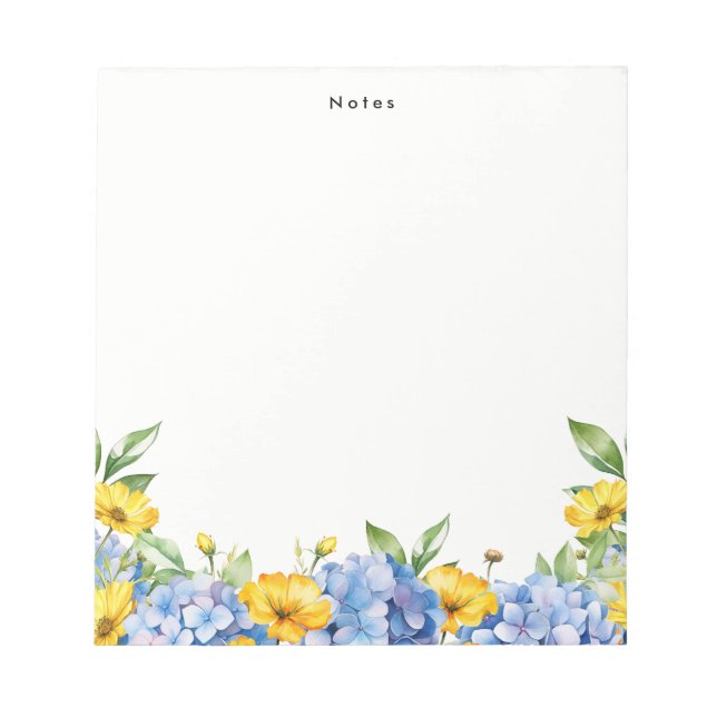 Watercolor Blue Yellow Hydrangeas Personalized Notepad (Front)