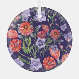 Watercolor Bluebell Poppy Array Glass Ornament