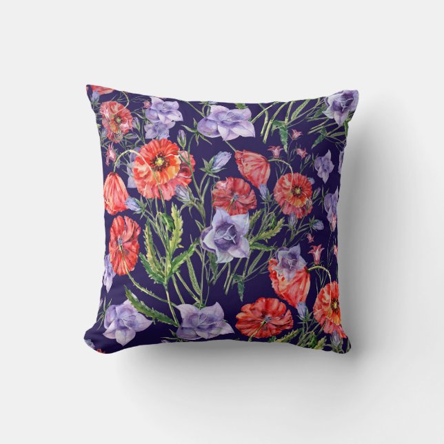 Watercolor Bluebell Poppy Array Throw Pillow (Front)