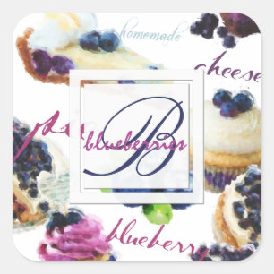 Watercolor Blueberries and Sweets Monogram Square Sticker