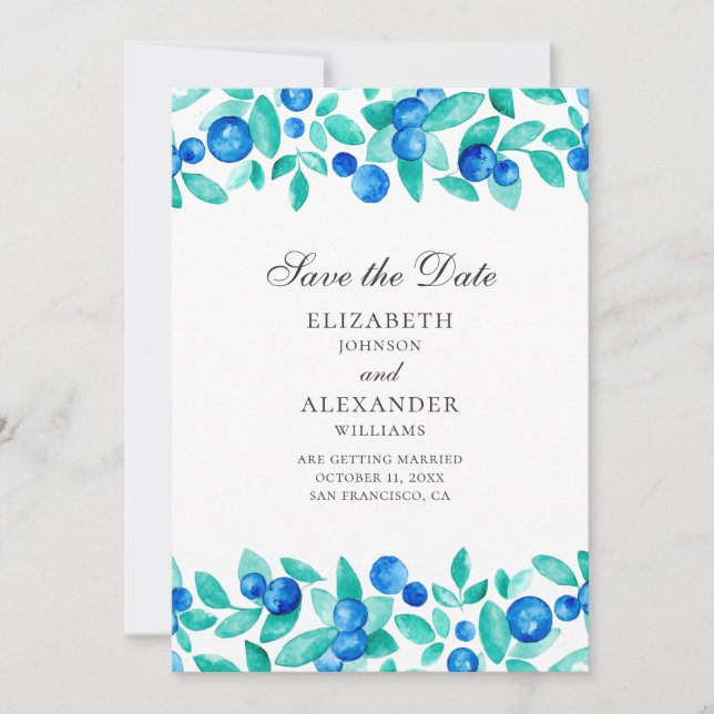 Watercolor blueberries. Blue and mint wedding Save The Date (Front)