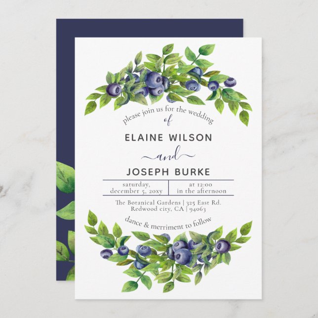 watercolor blueberries blue botanical wedding invitation (Front/Back)
