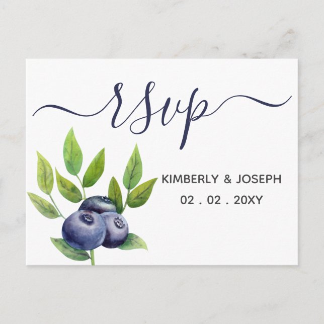 watercolor blueberries blue botanical wedding Rsvp Invitation Postcard (Front)