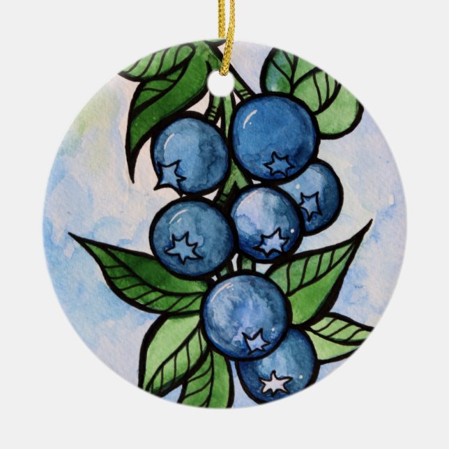 Watercolor Blueberries Ceramic Ornament (Front)