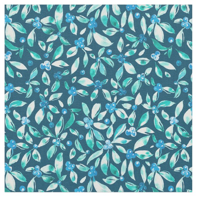 Watercolor blueberries on teal background fabric (Close Up)