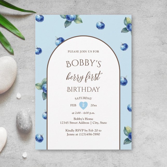 Watercolor Blueberry Baby Boy Berry First Birthday Invitation (Creator Uploaded)