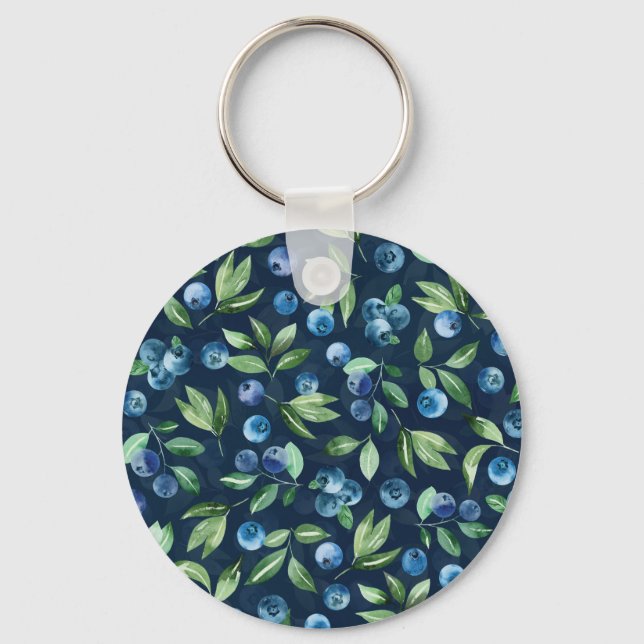 Watercolor Blueberry Dark Background Pattern Keychain (Front)