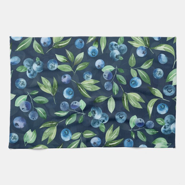 Watercolor Blueberry Dark Background Pattern Kitchen Towel (Horizontal)