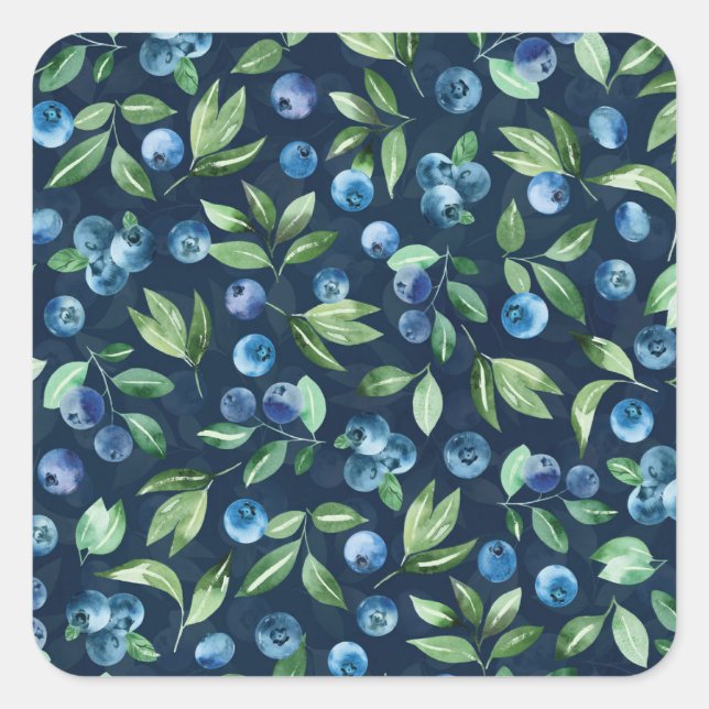 Watercolor Blueberry Dark Background Pattern Square Sticker (Front)