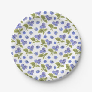 Watercolor Blueberry Fruit and Blueberry Leaves  Paper Plate