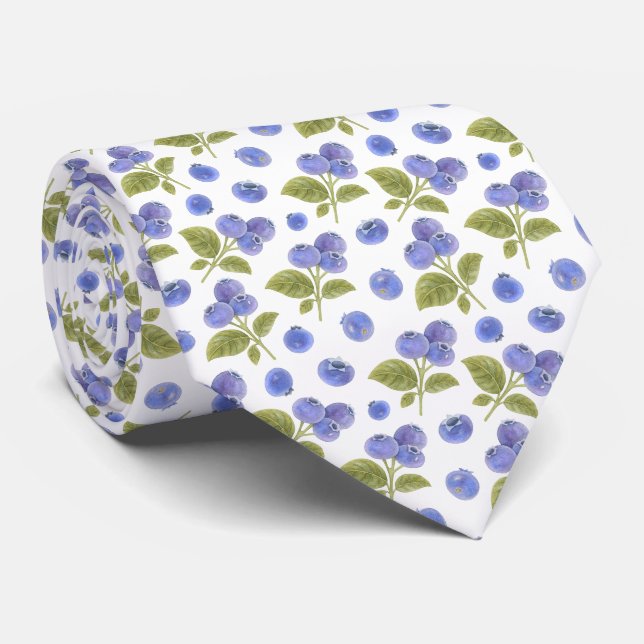 Watercolor Blueberry Fruit and Blueberry Leaves  Tie (Rolled)
