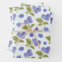 Watercolor Blueberry Fruit with Leaves Light Blue