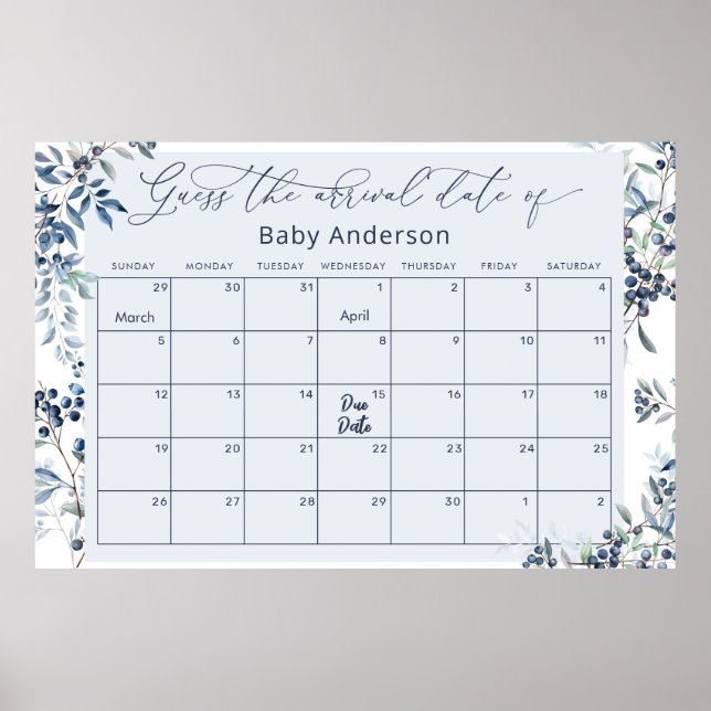 Watercolor Blueberry Guess the Due Date Poster (Front)