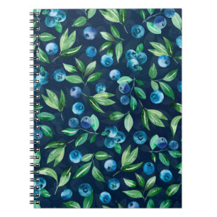 Watercolor blueberry seamless pattern, wild berrie notebook