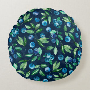 Watercolor blueberry seamless pattern, wild berrie round pillow