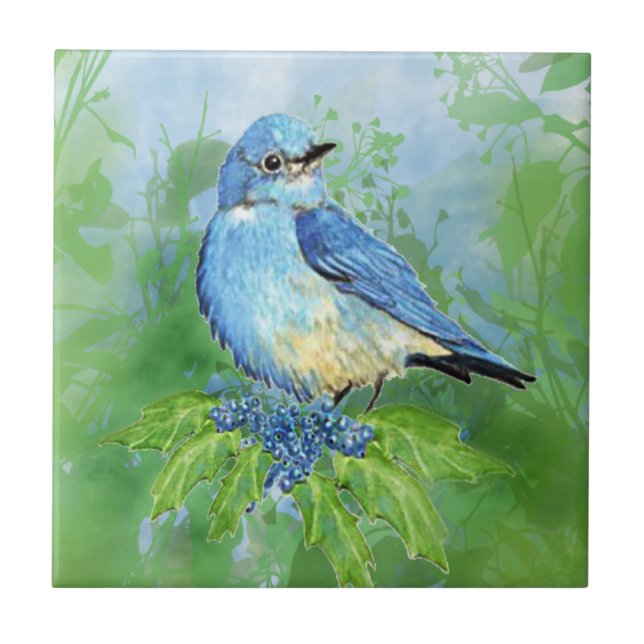 Watercolor Bluebird and Oregon Grape Garden  Bird Tile (Front)
