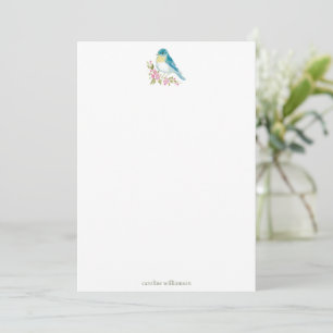 Watercolor Bluebird Floral Personalized Stationery Card