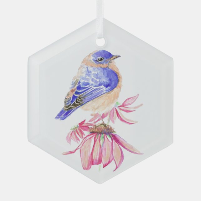 Watercolor Bluebird Garden Bird Nature Art Glass Ornament (Front)