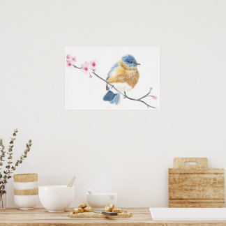 Watercolor bluebird on a cherry blossom branch  poster