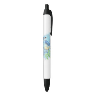 Watercolor Bluebird Pretty Blue Garden Bird Art Black Ink Pen