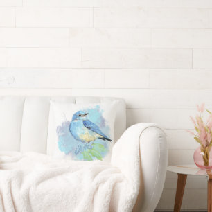 Watercolor Bluebird Pretty Blue Garden Bird Art Throw Pillow