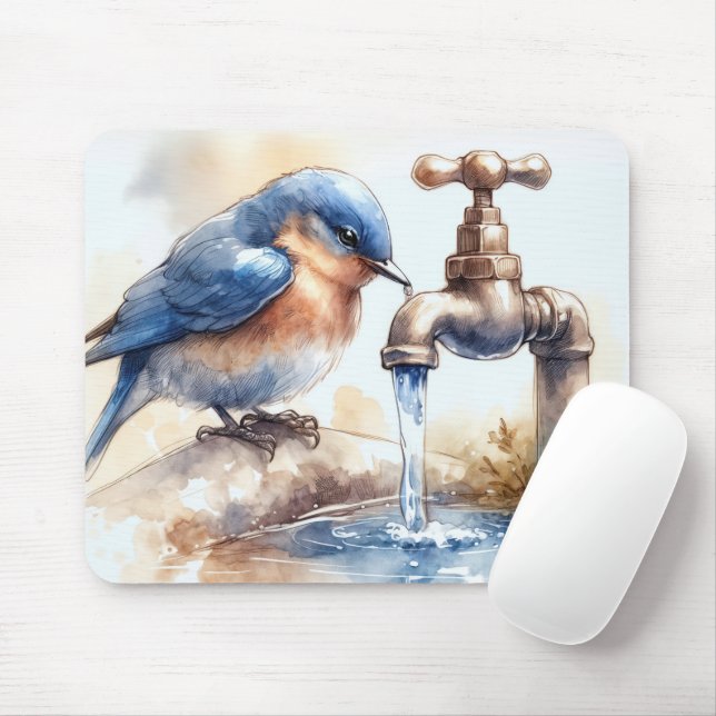 Watercolor Bluebird With a Faucet Mouse Pad (With Mouse)