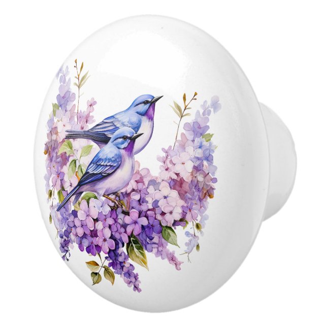Watercolor Bluebirds and Lilacs Ceramic Knob (Right)