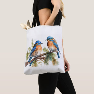 Watercolor Bluebirds on Pine Tote Bag