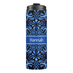 Watercolor Blues Mediterranean Tile Design Thermal Tumbler