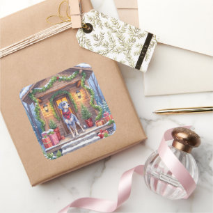 Watercolor Bluetick Coonhound Cabin Porch Christma Square Sticker