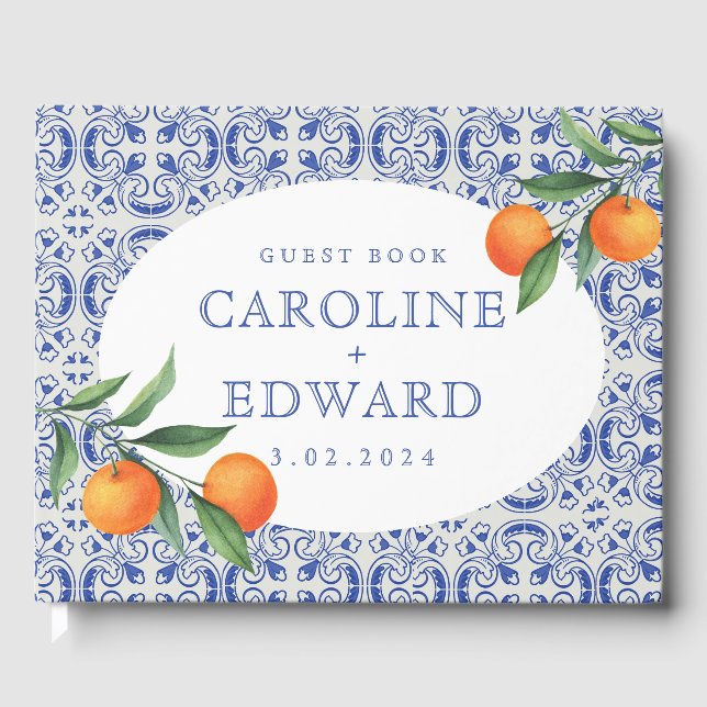 Watercolor Bluetile Mediterranean Wedding Guest Book (Front)