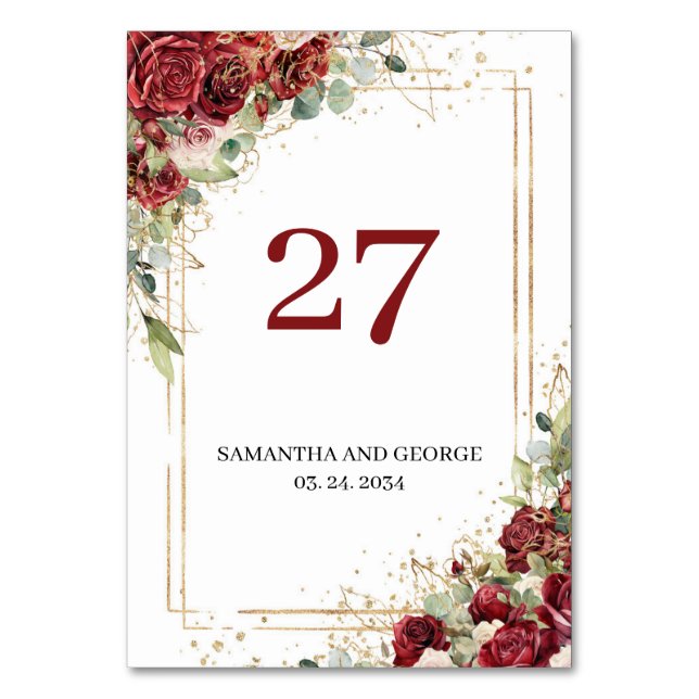 Watercolor blush and burgundy roses table number (Front)
