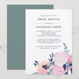 Watercolor Blush and Navy Floral Bridal Brunch Invitation