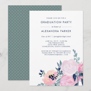 Watercolor Blush and Navy Floral Graduation Party Invitation