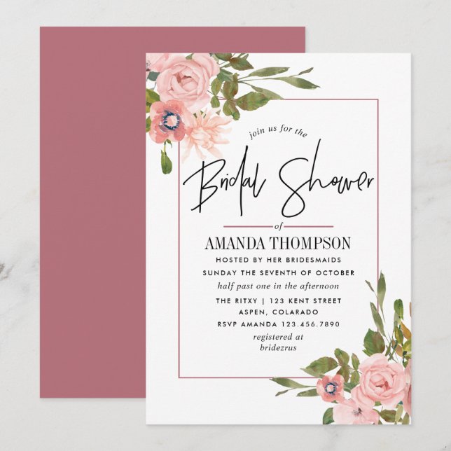 Watercolor Blush and Rose Gold Bridal Shower Invitation (Front/Back)