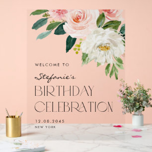 Watercolor Blush and White Floral Garden Birthday Acrylic Sign