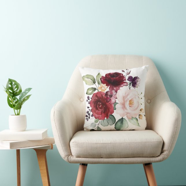Watercolor Blush and Wine Floral Newlyweds Throw Pillow (Chair)