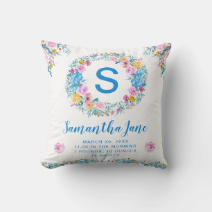 Watercolor Blush & Blue Flowers Wreath Baby Throw Pillow