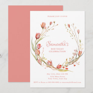 Watercolor Blush Coral Tulips Birthday Party Invitation