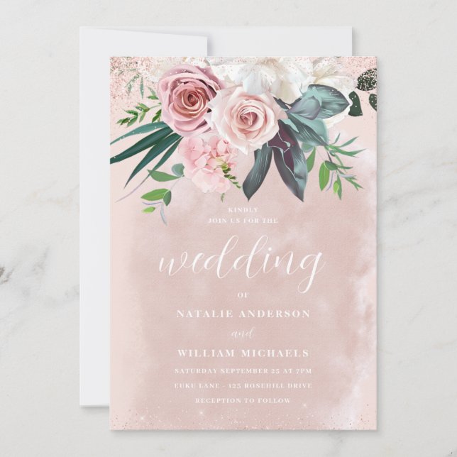 Watercolor Blush & Dusty Pink Rose Flowers Wedding Invitation (Front)