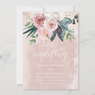 Watercolor Blush & Dusty Pink Rose Flowers Wedding Invitation