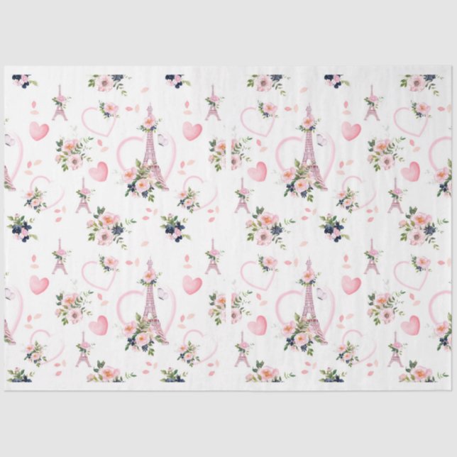 Watercolor Blush Floral Eiffel Tower Pattern Tissue Paper (Front)