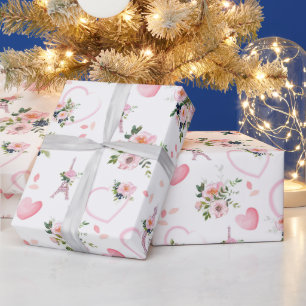 Watercolor Blush Floral Eiffel Tower Pattern Wrapping Paper