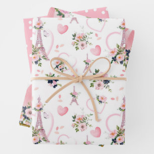 Watercolor Blush Floral Eiffel Tower Pattern Wrapping Paper Sheet