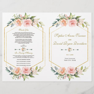 Watercolor Blush Floral Gold Frame Wedding Program