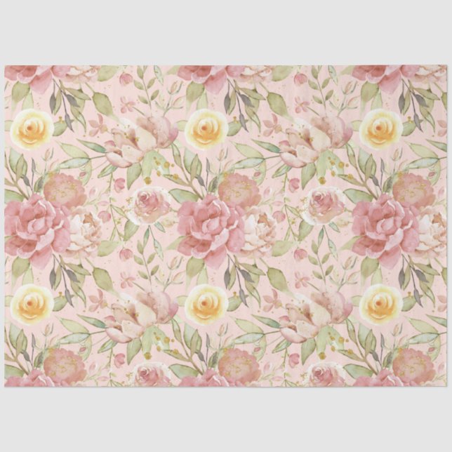 Watercolor Blush Floral Gold Glitter Decoupage Tissue Paper (Front)