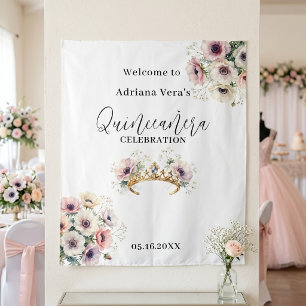 Watercolor Blush Floral Gold Tiara Quinceañera Tapestry
