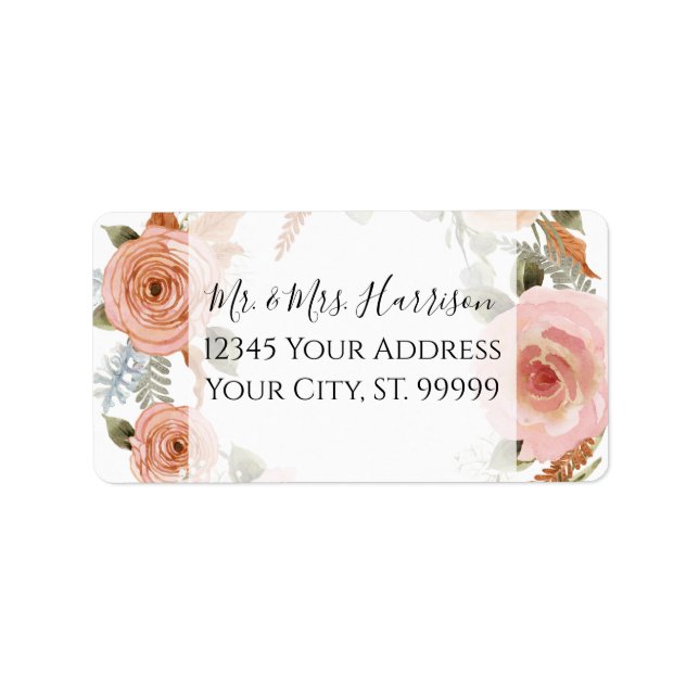Watercolor Blush Floral Peach BOHO Rust Greenery Label (Front)