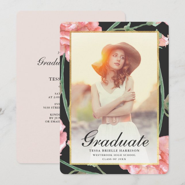 Watercolor Blush Floral Photo Graduation Black Invitation (Front/Back)